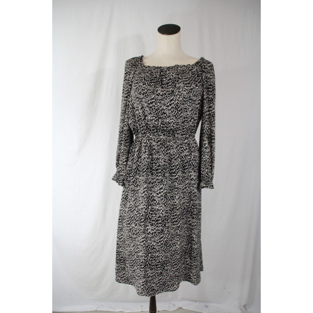 Talbots Midi Dress Women’s S Long Sleeve Smocked Waist Black Abstract Print NEW